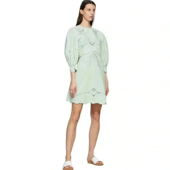 NWT See By Chloé Embroidered Puff Sleeve Mini Dress Autumnal Mint Blue Size 10 - Picture 3 of 13